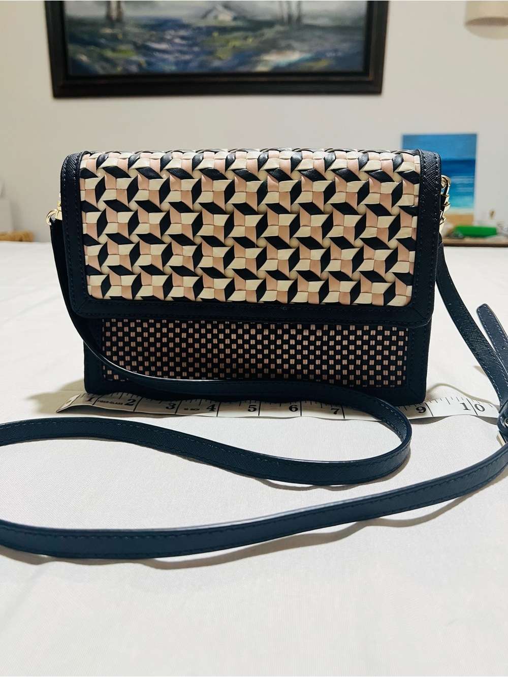 Tory Burch Navy and Cream Woven Crossbody
